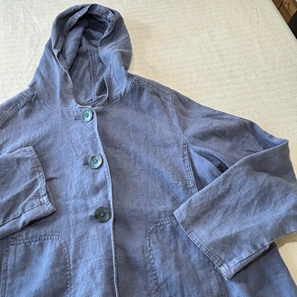 J. Jill Blue 100% Hemp Hooded Jacket Button Front Pocketed L 702420